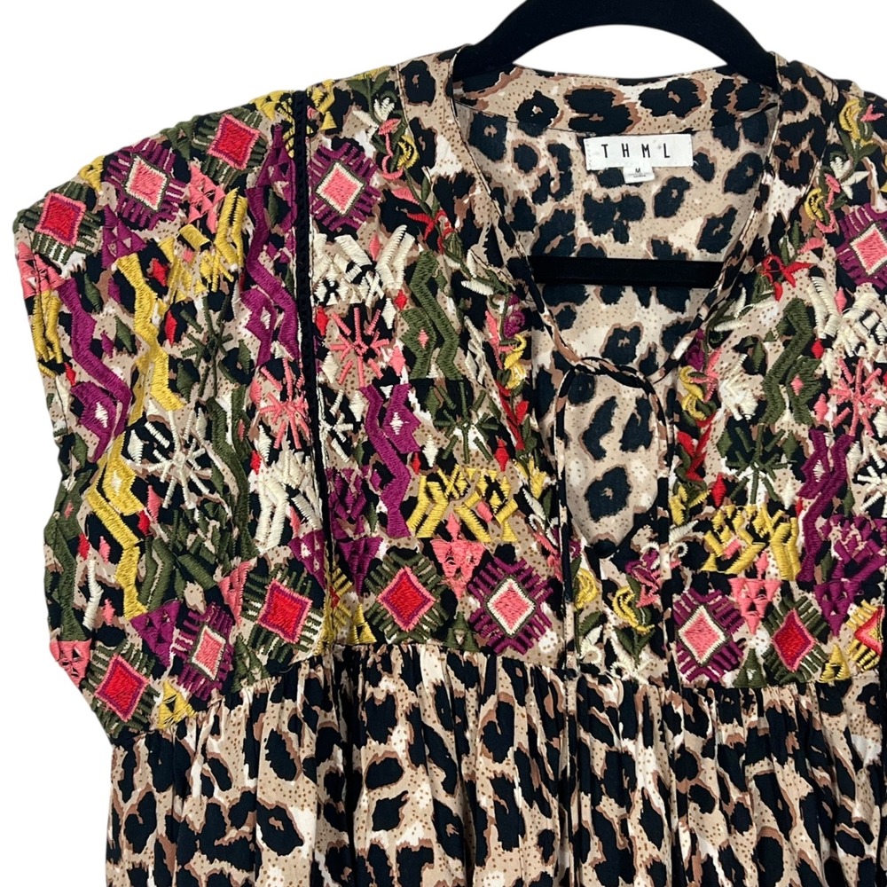 THML Women's Leopard Print Embroidered Tassel Top Size Medium - Picture 5 of 16